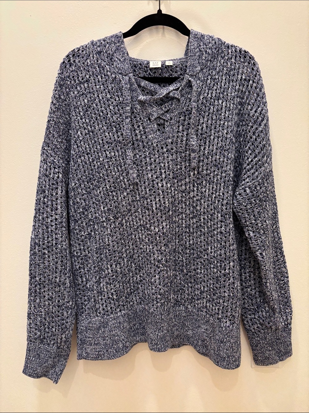 GAP Lace-Up V-Neck Open Knit Sweater - Navy and White